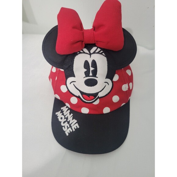 Disney Girls Hat Minnie Mouse Ears Red Bow Embroidered Logo Black Polka Dots - Picture 2 of 8